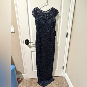 Adrianna Papell Midnight Blue Cap Sleeve Lace Maxi Dress Gown NWT